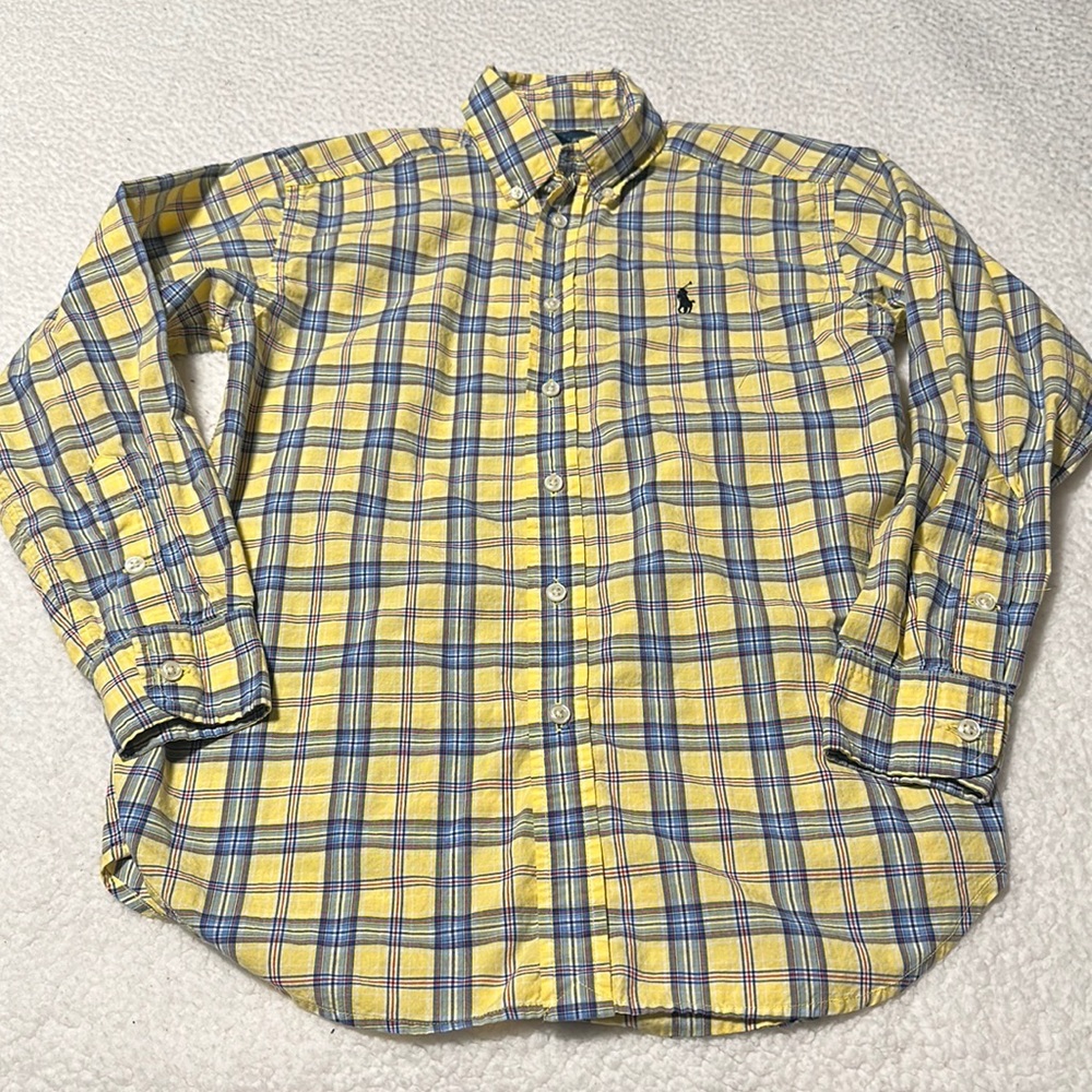 Ralph Lauren Boys L/S Yellow and Blue Checked Button-Up, EUC, Size Medium